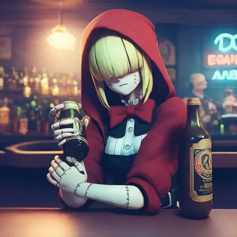 anime girl in red hoodie holding a beer bottle and a bottle