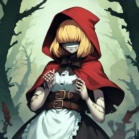 score_9, score_8_up, score_7_up, score_6_up, score_5_up, score_4_up, rating_safes,source_western,1girl,solo,red hood,dress,apron,bowtie,belt,blonde hair,hair over eyes,shaded face,stitches,patchwork, upper body,outdoors,forest,trail cam footage,night vision,horror,<lora:ChaperomonXL:0.9>