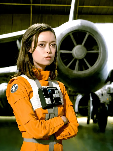 arafed woman in orange uniform standing in front of a plane