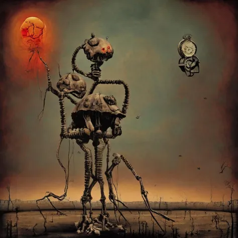 An illustration in the style of Dali and BeksiÅski of a surreal wasteland with skeletal creatures carrying limp clocks set against a backdrop of flaming twisted architecture
