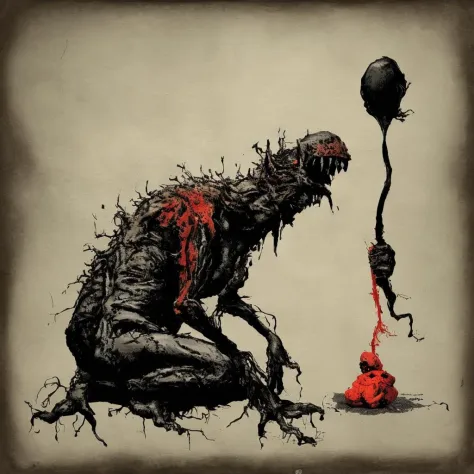 A monster eating a human, in the style of Dante, painted by Bansky