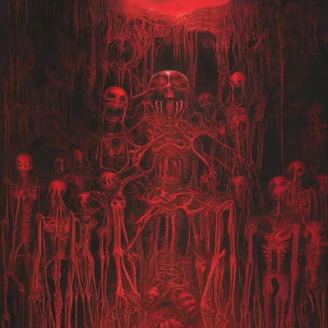 An illustration in the style of BeksiÅski and Giger of an underground cavern with bio-mechanical roots and eerie skeletal figures all bathed in a deep crimson glow