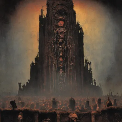 An illustration in the style of Beksinski of a post-apocalyptic cathedral ruins in a muted palette with ghostly figures wandering amidst a perpetual dusk