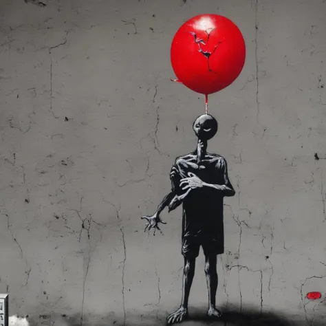 a ((psychomorphic skyzophrene otherworldly creature)) holding a red balloon in a psychedelic world, street art by Bansky
