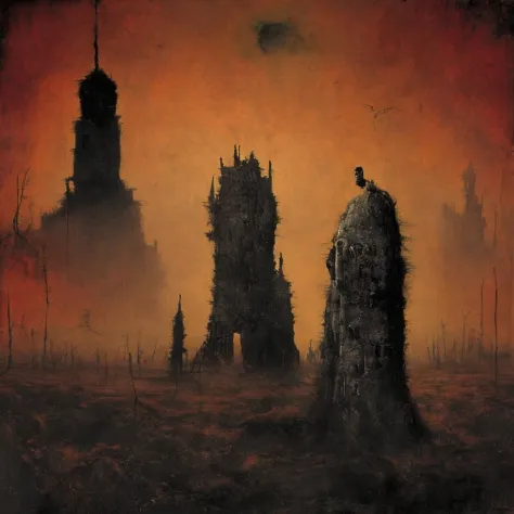 A painting in the style of ZdzisÅaw BeksiÅski showing in the distance, the crumbling ruins of once-grand Gothic structures, si...