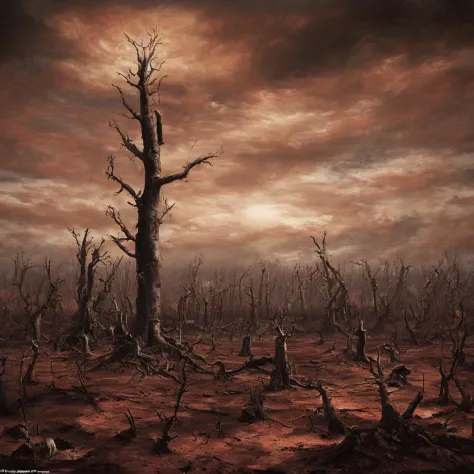 Amidst a vast and desolate wasteland, the remnants of a world that once thrived are evident. The sky, painted in haunting hues of sepia and deep russet, casts a mournful glow upon the landscape below, where skeletal trees devoid of foliage reach upwards as...