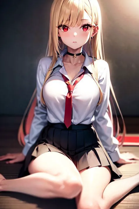 anime girl with long blonde hair sitting on the floor wearing a tie