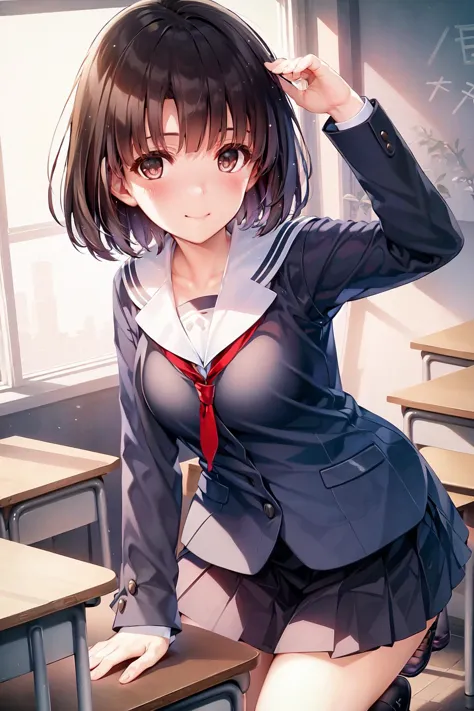 masterpiece, best quality, highres, (detailed background), indoors, classroom, 
1girl, (katou megumi:1.1), solo, school uniform, 
short hair, brown hair, brown eyes,
looking at viewer, closed_mouth, blush, smile, 
