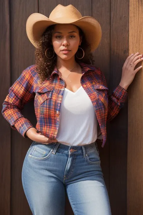 a woman wearing a cowboy hat leaning against a wooden wall