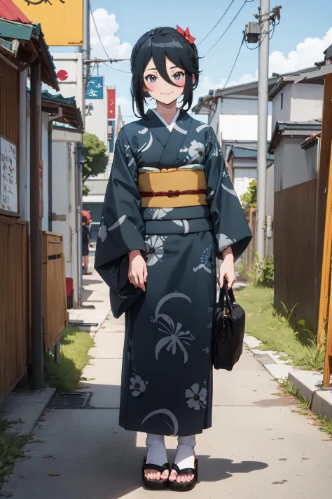 (masterpiece:1.3), (absurdres:1.3), (best quality:1.3), (ultra-detailed:1.3), 1girl, looking at viewer, full body, smile, outdoors,  <lora:suzuno-fi-000008:1>, suzuno-fi, japanese cloth, black kimono, obi, white sock, wooden sandals,