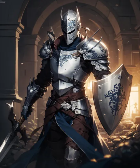 absurdres,beautiful and detailed illustration,masterpiece,best quality,ultra-detailed,soft lighting,1boy, cowboy shot, solo, solo focus, full armor, knight, shield, intricate armor, intricate shield, holding shield, holding greatsword,  <lora:add_detail:0.3>, drawn in the artstyle of  <lora:DarkFantasyStyleV1-000080:0.7>