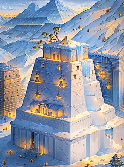 snowy mountain scene with a pyramid and a tree on top