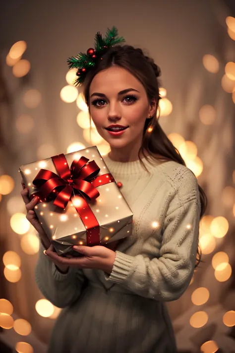 <lora:Xmas3:0.8> Xmas woman holding a neatly wrapped christmas gift, christmas style background, (string lights:0.4)