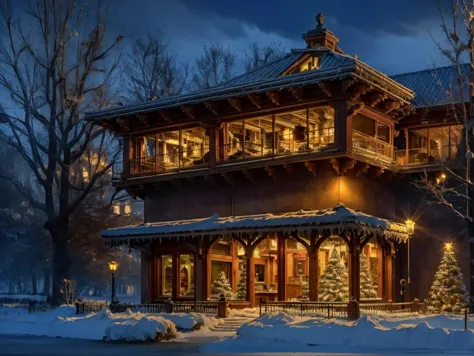 arafed house with a lit up porch and a snowy yard