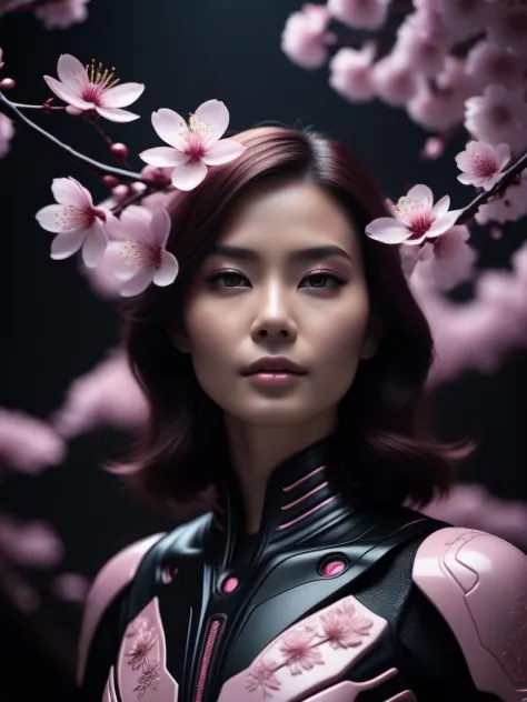 cinematic photo embossing of a [nature|jungle], Alien Female, wearing Bone cherry blossom pink Polera, simple dark black background, Hopeless, octane engine, contest winner . 35mm photograph, film, bokeh, professional, 4k, highly detailed