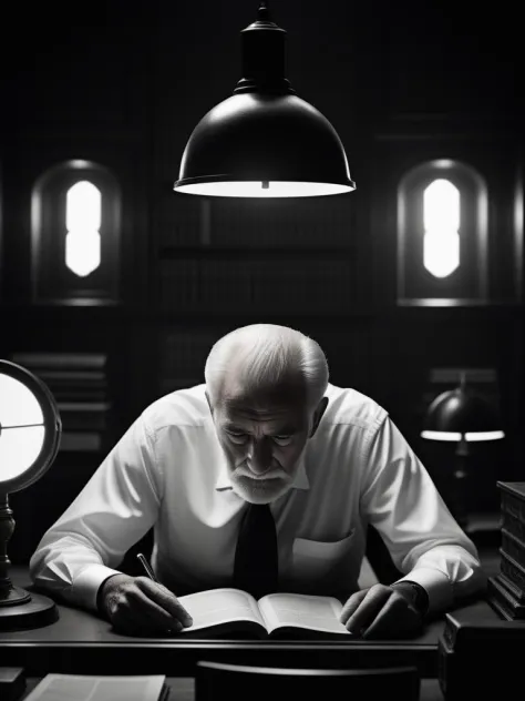 cinematic photo Sad old man in a big dark old study room, dusty, dingy, dreamy lights coming from a small window, black and whit...