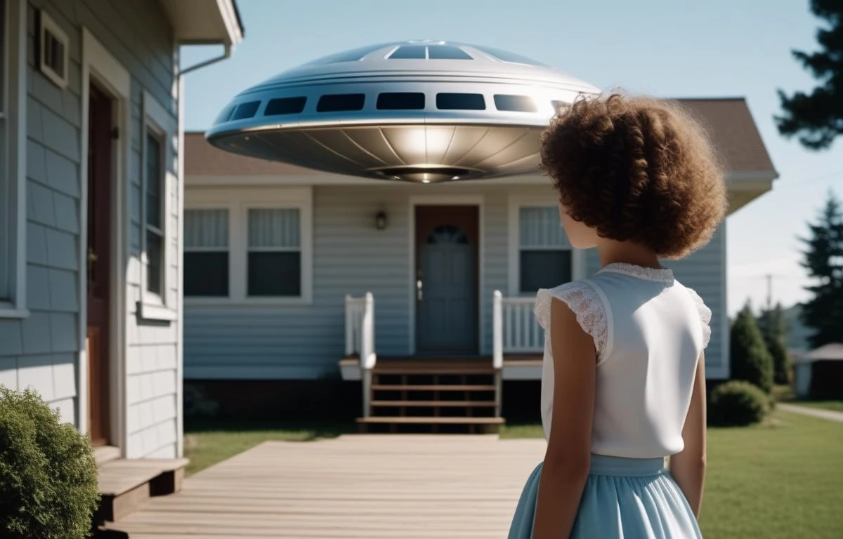 영화 사진 우리는 10년을 본다/오 뒷머리 곱슬머리 여자애, 그녀는 높은 집 현관에 서서 집 위에 떠다니는 빛나는 은색 UFO를 지켜보고 있습니다., 두 블록 떨어진 곳에. 정오의 빛, 1963년 여름 . 35mm 사진, 영화, 보케, 전문적인, 4K, 매우 상세한