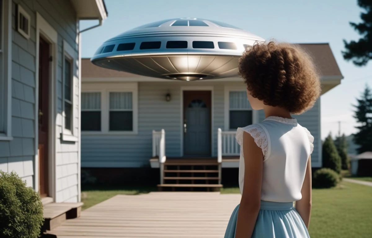 foto cinematográfica vemos um 10y/o menina com cabelo encaracolado das costas, Ela está de pé na varanda de sua casa elevada observando um OVNI prateado brilhante flutuando sobre uma casa, a dois quarteirões de distância. Luz do meio-dia, Verão de 1963 . Fotografia 35mm, film, bokeh, profissional, 4K, altamente detalhado