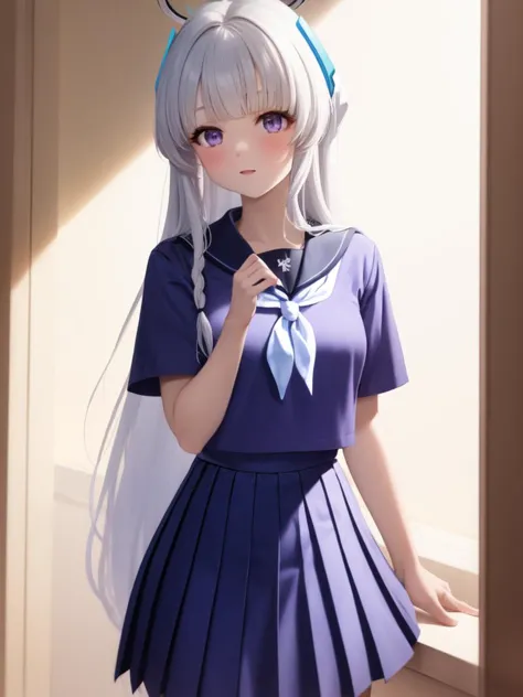 (purple serafuku:1.4), 1girl, solo, standing, (neckerchief:1.1), white hair, purple eyes, short sleeves, pleated skirt, (purple ...