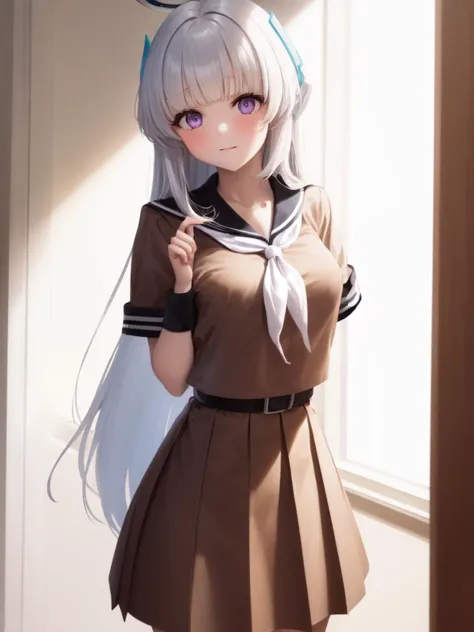 (brown serafuku:1.4), 1girl, solo, standing, (neckerchief:1.1), white hair, purple eyes, short sleeves, pleated skirt, (brown sk...