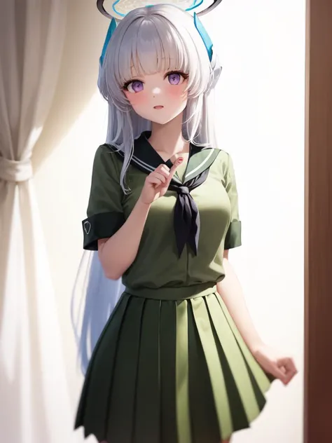 (green serafuku:1.4), 1girl, solo, standing, (neckerchief:1.1), white hair, purple eyes, short sleeves, pleated skirt, (green sk...