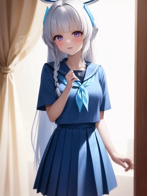 (blue serafuku:1.4), 1girl, solo, standing, (neckerchief:1.1), white hair, purple eyes, short sleeves, pleated skirt, (blue skir...