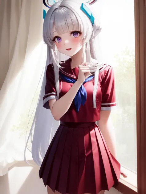 (red serafuku:1.4), 1girl, solo, standing, (neckerchief:1.1), white hair, purple eyes, short sleeves, pleated skirt, (red skirt:...