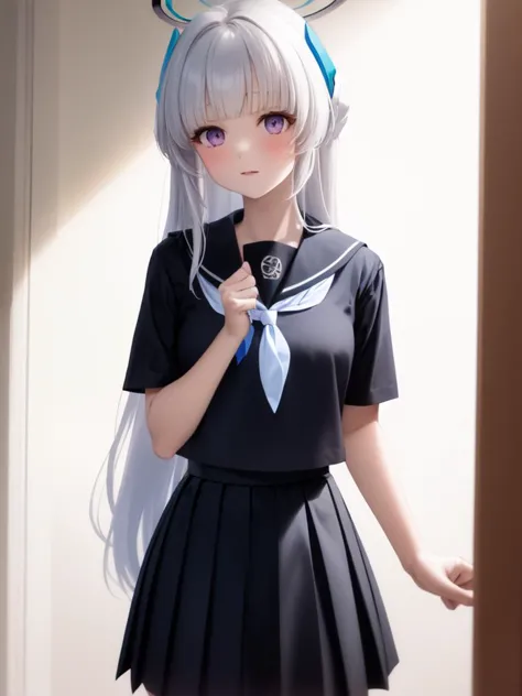 (black serafuku:1.4), 1girl, solo, standing, (neckerchief:1.1), white hair, purple eyes, short sleeves, pleated skirt, (black sk...