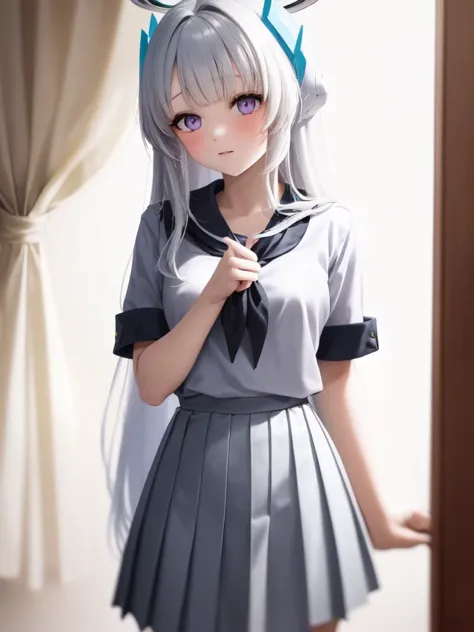 (grey serafuku:1.4), 1girl, solo, standing, (neckerchief:1.1), white hair, purple eyes, short sleeves, pleated skirt, (grey skir...