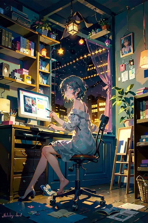 anime girl sitting at a desk with a laptop computer in her lap