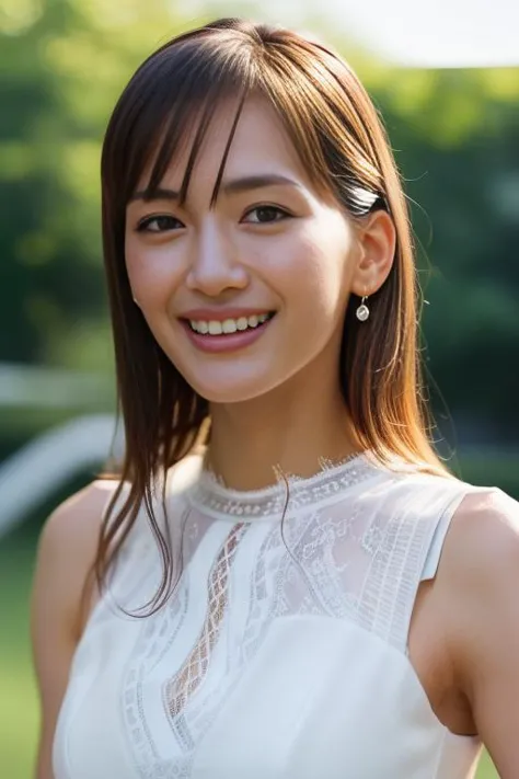 a woman in a white dress smiling and posing for a picture