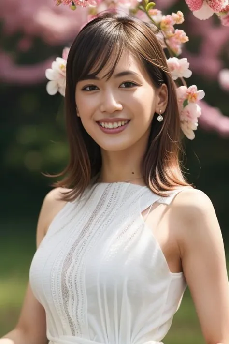 a woman in a white dress standing under a tree with pink flowers