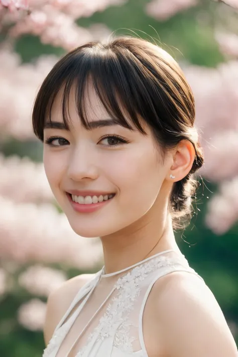 a woman in a white dress smiling in front of a tree