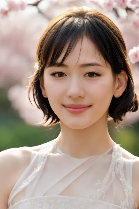 a woman with a white dress and a cherry tree in the background