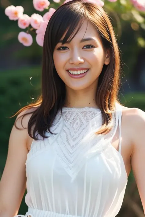 a woman in a white dress standing in front of a tree