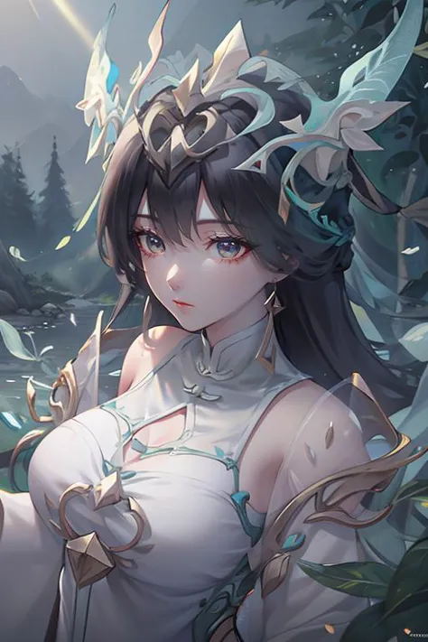 a woman in a white dress holding a sword in a forest