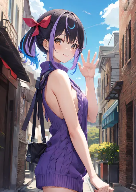 <lora:virginKillerSweater_v11:1>, solo, 1girl, smile, waving, short purple hair, two-tone hair, half updo, hair bow, brown eyes, virgin killer sweater, day, blue sky, clouds, cityscape scenery, street, from side