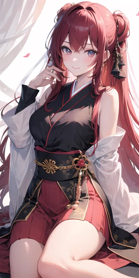 ((masterpiece, best quality)), manga, (1woman, mature), long hair, dark red hair, beautiful hair, red eyes, beautiful eyes, slight smile, hair is tied into two tails, straight hair, Japanese style dress for its beauty and elegance, white background, looking at the viewer, clear,