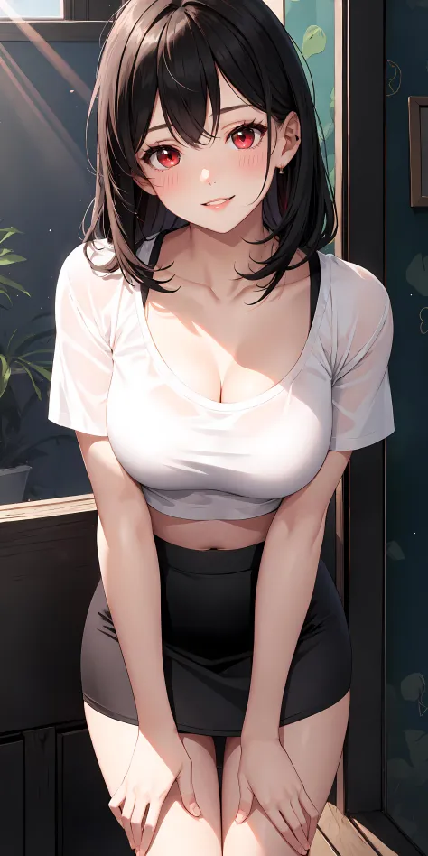 1girl, parted lips, blush, makeup, light smile, black hair, red eyes, crop top, skirt, light rays, glow, thighs, collarbone, nar...