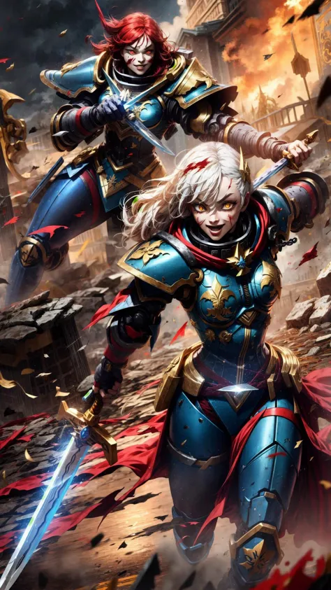 long hair, white hair, 1girl, (red loincloth:1.15), (scar, injury, debris, dust, battle damage:1.25), cleavage, BREAK, <lora:Adepta Sororitas, the Daughters of the Emperor - 40K:0.7> ADEPTA SORORITAS, (fleur de lis1.15:1.10), cape, (black power armor:1.15), BREAK, <lora:yameroyandere-v2:0.45> (yameroyandere, constricted pupils, yandere, crazy eyes, glowing eyes, crazy smile, :1.15), bloodlust, blood on clothes, blood on face, BREAK, outdoors, rainstorm, thunderstrike, lightning, BREAK, <lora:add_detail:0.4> <lora:torn:0.7> (torn clothes, cloth pieces:1.15), BREAK, bloodyface, blood, bleeding <lora:UnlimitedBladeWorks1.6:0.7> (holding sword, holding chainsword:1.15), masterpiece, best quality, extremely detailed, highly quality, 4k, sharp focus, professional, sharp focus, award winning, cinematic lighting, octane render, unreal engine, volumetrics dtx, Wallpaper,