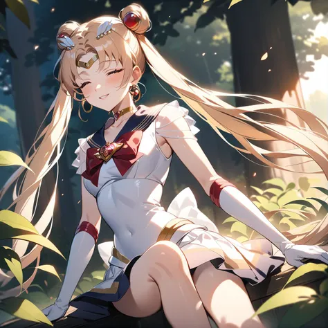 anime girl sitting in the woods with long hair