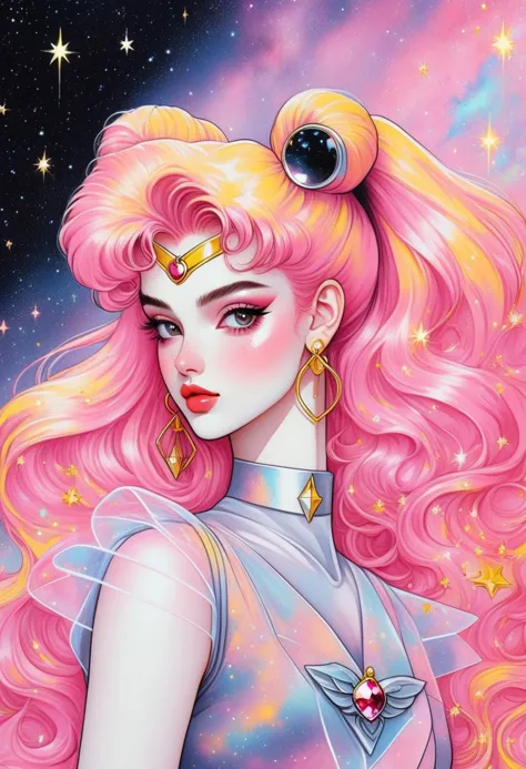 nostalgia 90s marker art - [sailor moon] an angelic cyberpunk woman, marker style outlines, eyeliner makeup and long pink hair, ...