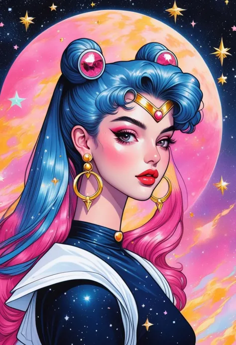 nostalgia 90s marker art - [sailor moon] an angelic cyberpunk woman, marker style outlines, eyeliner makeup and long pink hair, ...