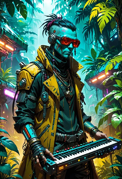 vilão malvado Músico nômade Cyberpunk com instrumentos aumentados, moda ultrajante, Selva com vibrante, vegetação exótica ao fundo, destaque, liminar, Estilo de arte Dreamyvibes, foco nitído, Altamente detalhado