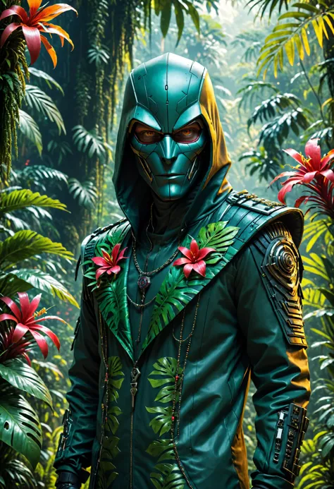 <lora:evil_villain:1> evil villain Corporate hacker with encrypted access codes, <lora:outrageous_fashion:1> outrageous fashion, Tropical rainforest with vibrant flora in the background, <lora:xl_more_art-full_v1:0.4>,  <lora:MJ52:0.4>, Cinematic lighting, <lora:EnvyVividXL01-adamw:0.7>, <lora:cine:0.7> cin3, sharp focus, highly detailed