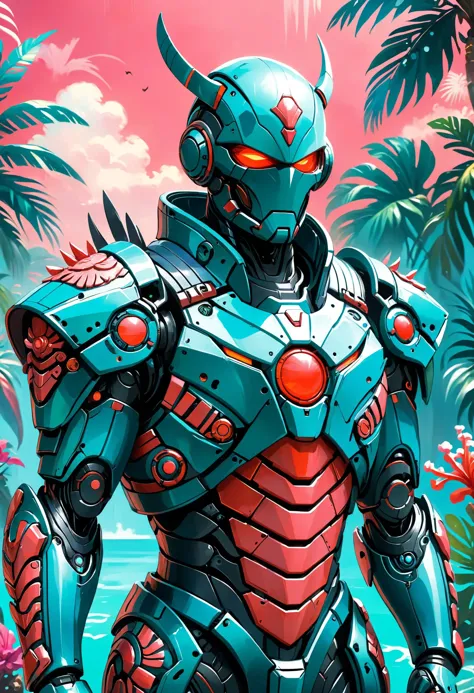 <lora:evil_villain:1> evil villain Cybernetic bodyguard with modular armor, <lora:outrageous_fashion:1> outrageous fashion, Tropical lagoon with vibrant coral in the background, <lora:xl_more_art-full_v1:0.4>,  <lora:MJ52:0.4>, soft shaded, <lora:Dreamyvibes artstyle SDXL - Trigger with dreamyvibes artstyle:0.7> Dreamyvibes Artstyle, <lora:ral-colorswirl:0.7> ral-colorswirl, sharp focus, highly detailed