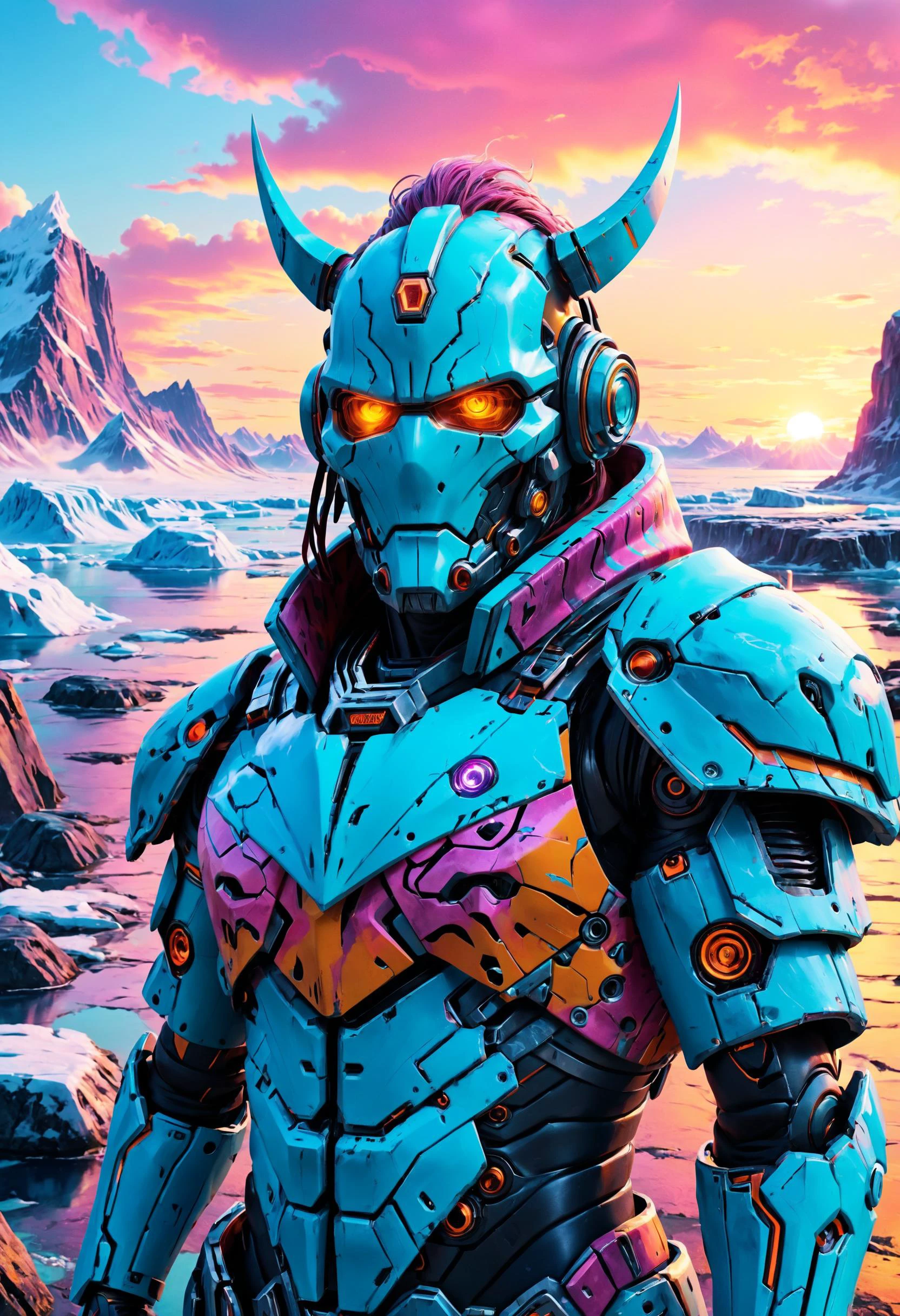 böser Bösewicht Cyberpunk Nomadenhändler mit Roboterpaket, unverschämte Mode, Gletscherfjord mit hoch aufragenden Eisbergen im Hintergrund, Dämmerungslicht, psychedelisch, gesättigte Farben, scharfer Fokus, sehr detailliert