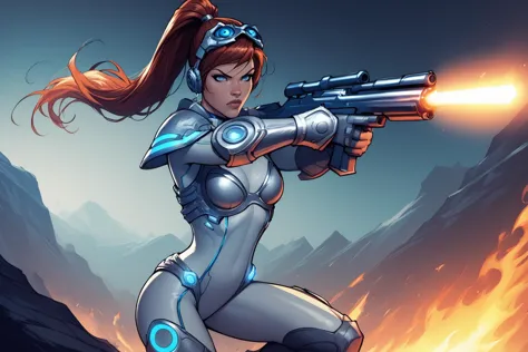 a woman in a futuristic suit holding a gun in front of a mountain