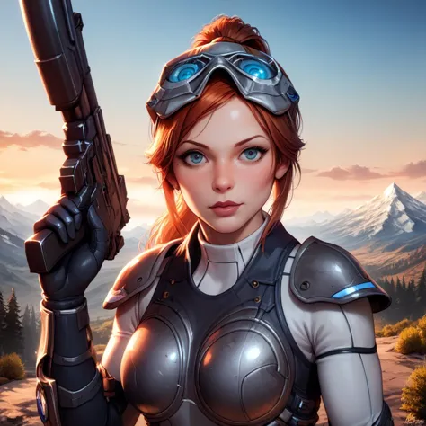 a woman in a futuristic outfit holding a gun and wearing goggles