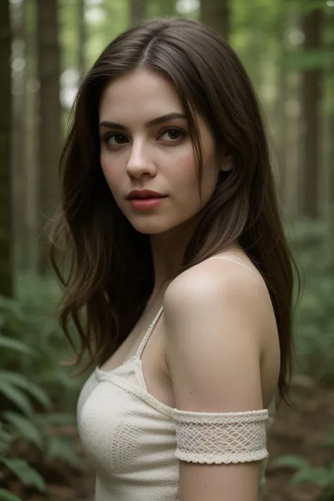 arafed woman in a white top standing in a forest